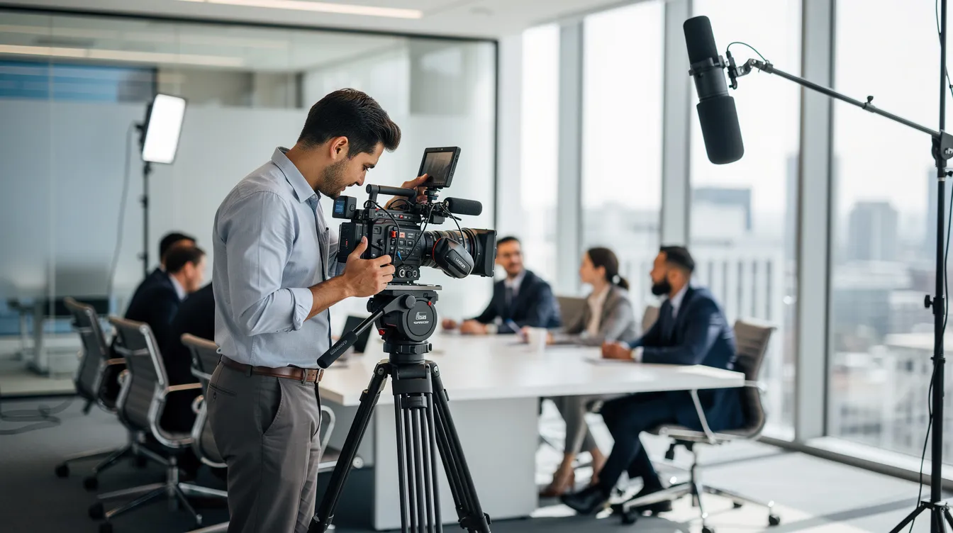 The image depicts a professional videographer filming in a corporate setting, capturing employee testimonials that highlight the company's culture and values. This engaging video content aims to showcase personal stories and positive experiences of current employees, enhancing the employer brand and attracting prospective candidates.