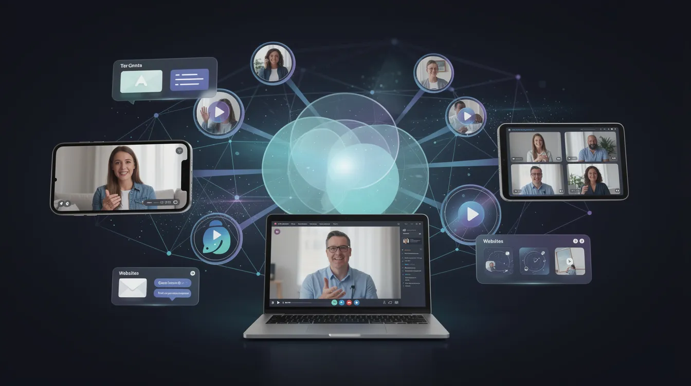 The image depicts a vibrant marketing web showcasing various digital channels used for sharing video testimonials, such as social media and websites, emphasizing the importance of authentic customer stories in building trust and attracting new customers. It visually illustrates how satisfied customers share their experiences to convince potential customers through compelling narratives and genuine reactions.