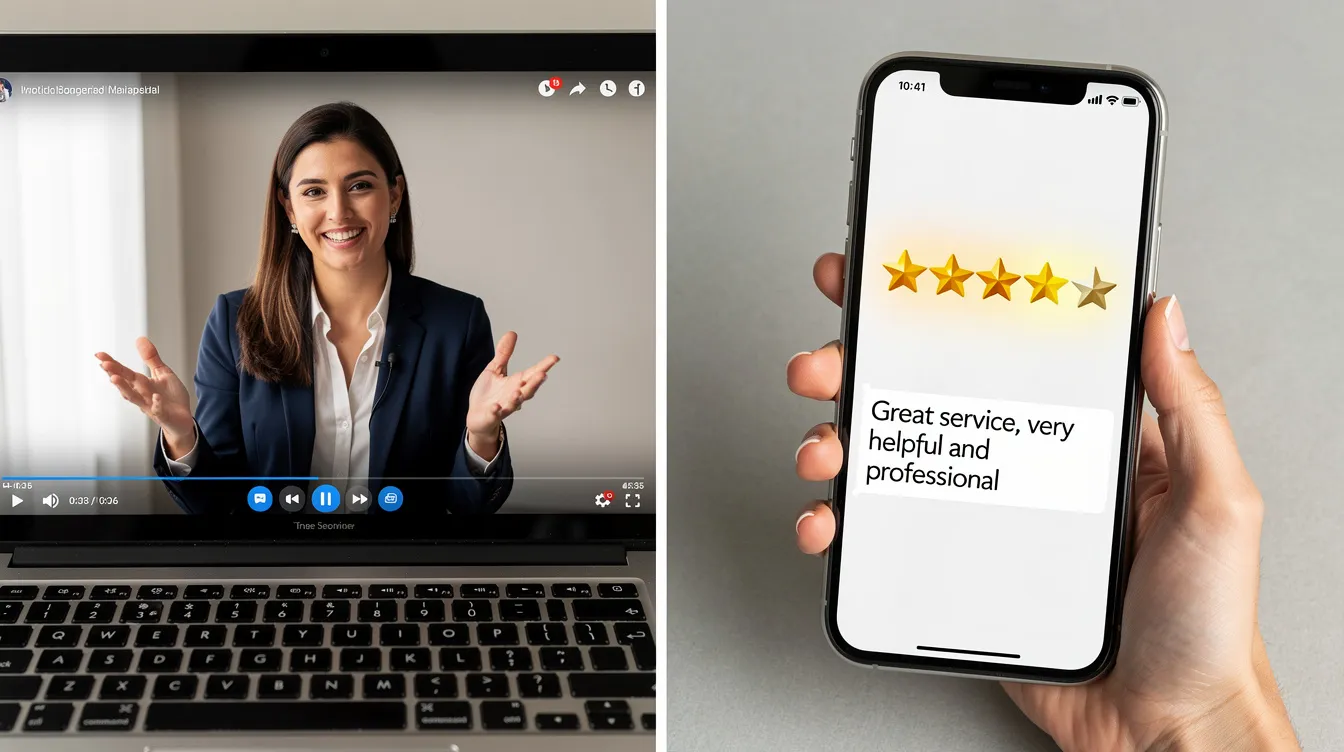 The image shows a split-screen with a video of a woman sharing her positive experiences about a service on one side, while the other side displays a close-up of a smartphone showing a high star rating and a written review, highlighting customer testimonials and feedback. This visual representation emphasizes the importance of video testimonials and written testimonials in building trust with potential customers.