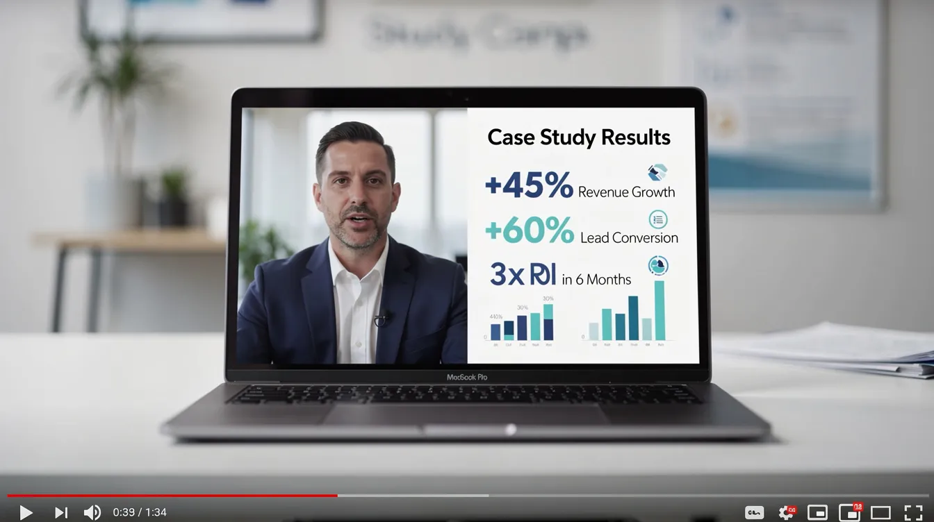 The image shows a person engaged with a laptop, displaying a half screen of case study results, simulating a B2B case study video. The screen highlights the practical applications and outcomes of a specific situation, emphasizing the importance of detailed analysis in business management and the value of case studies in addressing challenges faced by clients across different industries.