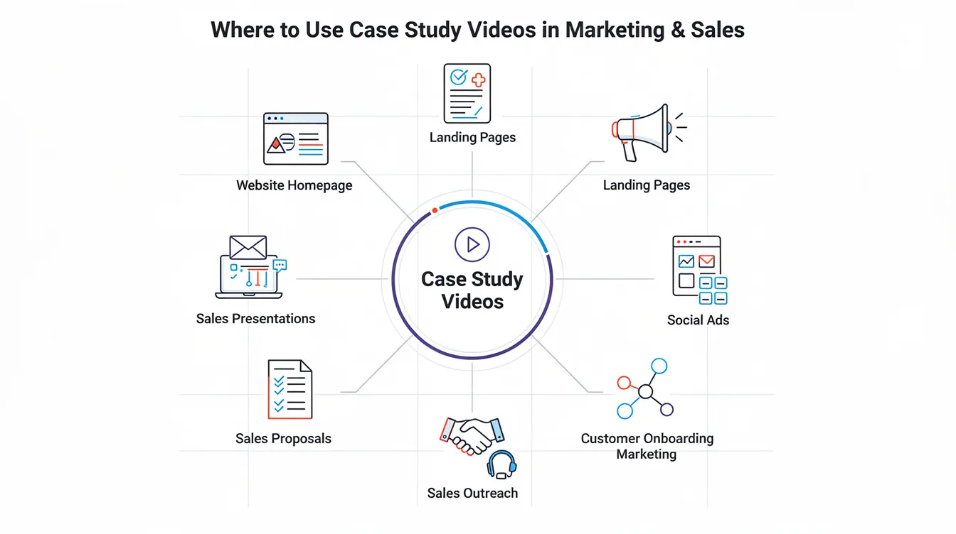 The image is a diagram featuring various icons that illustrate effective marketing and sales strategies for utilizing case study videos. It highlights key elements such as customer testimonials, target audience engagement, and the storytelling arc, showcasing how video content can drive revenue growth and connect with potential customers across social media platforms.