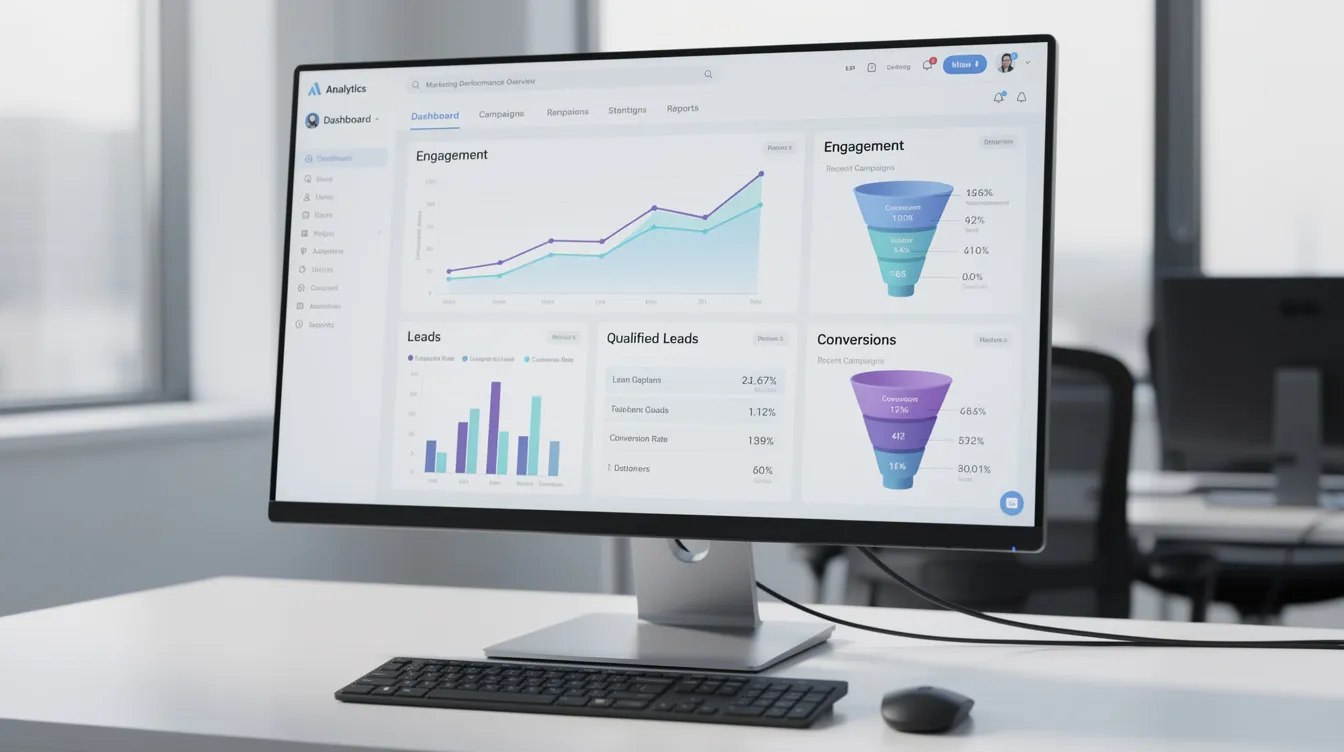 The image displays a screen showcasing various marketing KPIs, including engagement, leads, and conversions, essential for tracking the effectiveness of social media marketing strategies. This visual representation highlights the importance of data in driving revenue growth and achieving business goals through targeted marketing efforts.