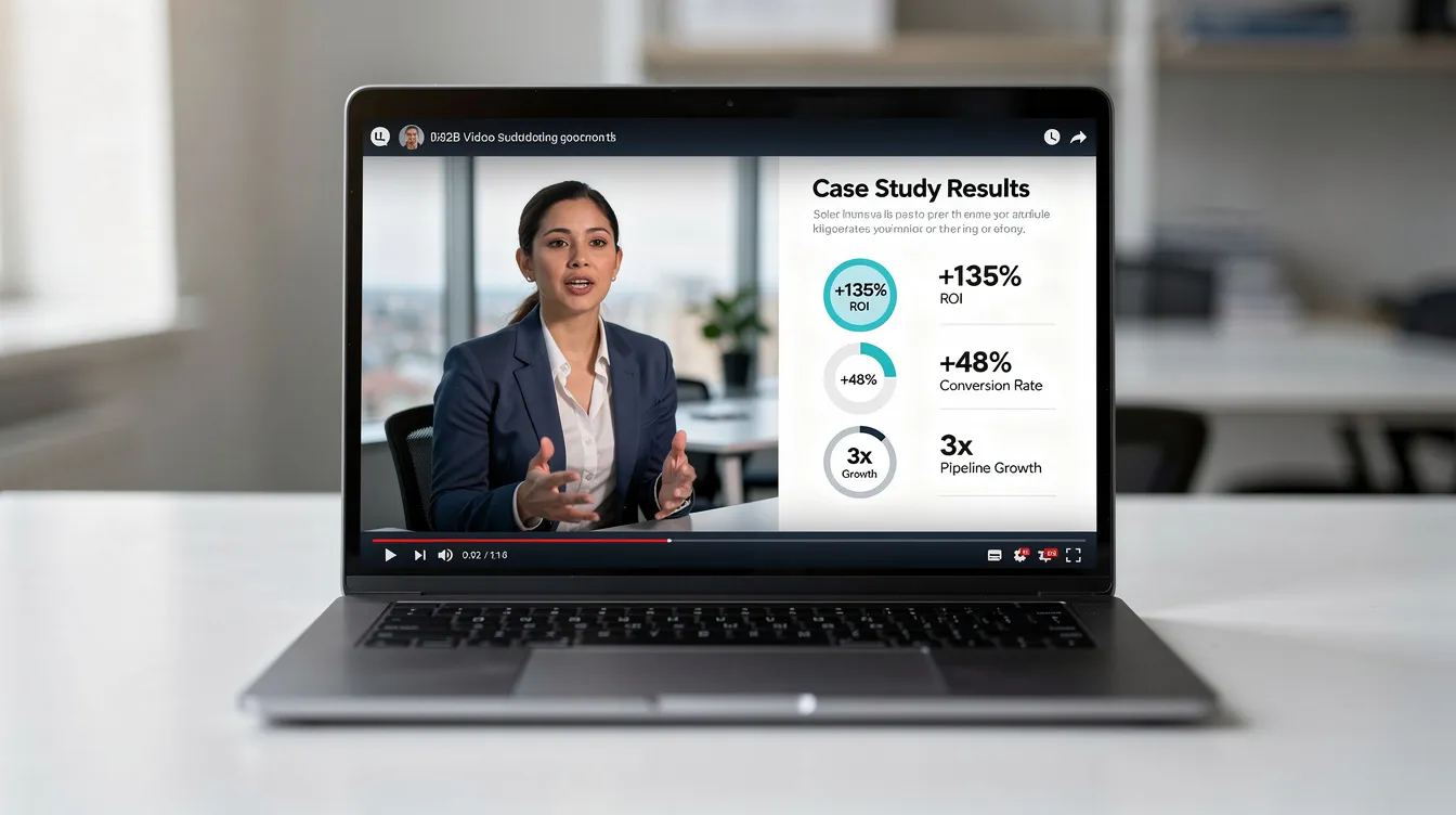 The image shows a laptop displaying a B2B video case study featuring a person discussing customer testimonials and key statistics. This compelling narrative aims to engage potential customers by showcasing how the business solves specific customer problems and drives revenue growth through effective video marketing strategies.