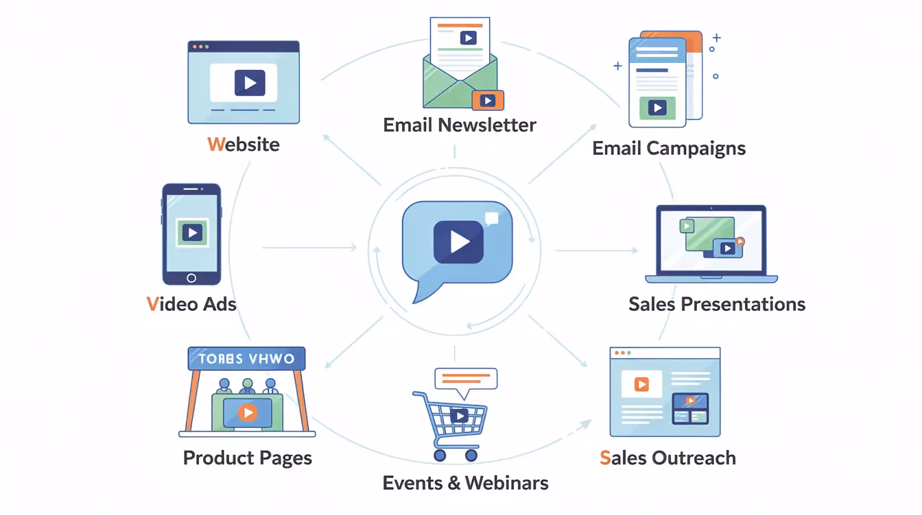 The image features a creative representation of various icons illustrating where recorded testimonials, such as video testimonials and customer testimonial videos, can be effectively used in sales and marketing. These icons symbolize the importance of genuine reviews and social proof in instilling trust among potential customers across multiple channels.