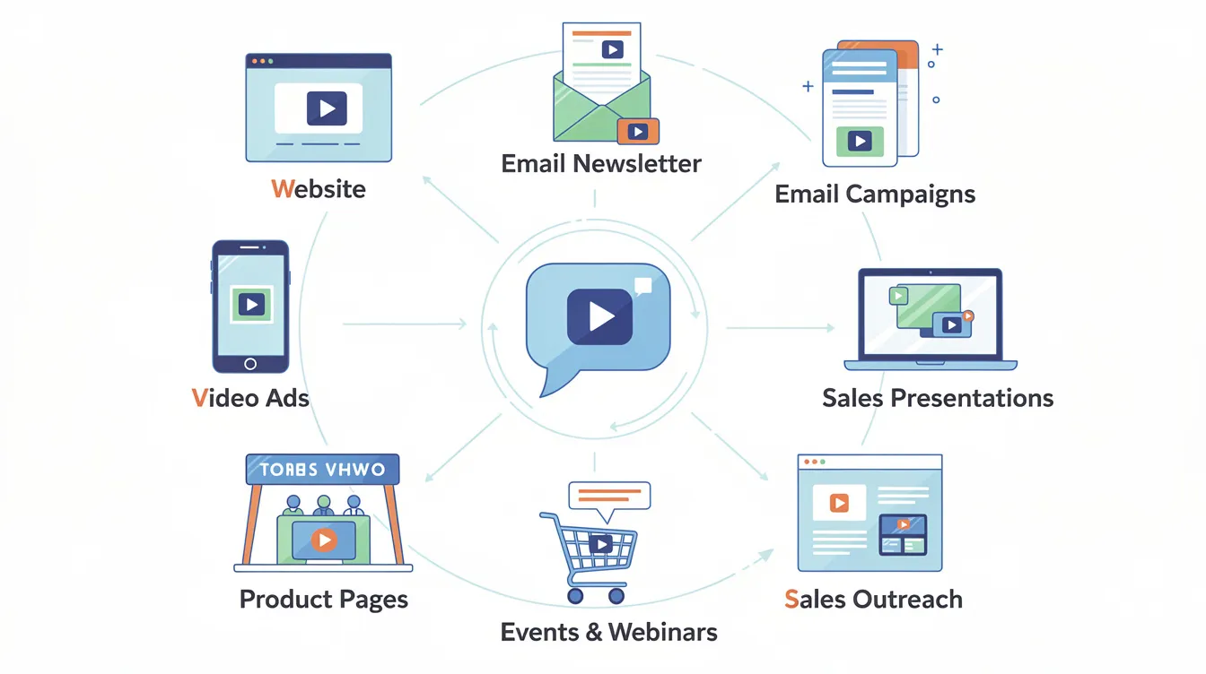 The image features a creative representation of various icons illustrating where recorded testimonials, such as video testimonials and customer testimonial videos, can be effectively used in sales and marketing. These icons symbolize the importance of genuine reviews and social proof in instilling trust among potential customers across multiple channels.