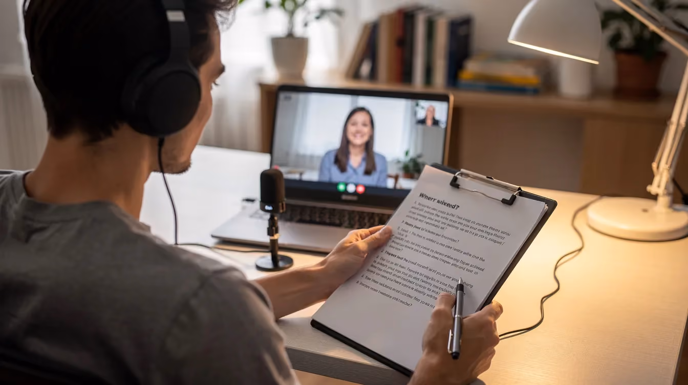A person is recording a remote interview while holding a clipboard filled with questions, aiming to capture genuine experiences for customer testimonial videos. This process helps instill trust and credibility among potential customers by showcasing real people sharing their positive feedback.