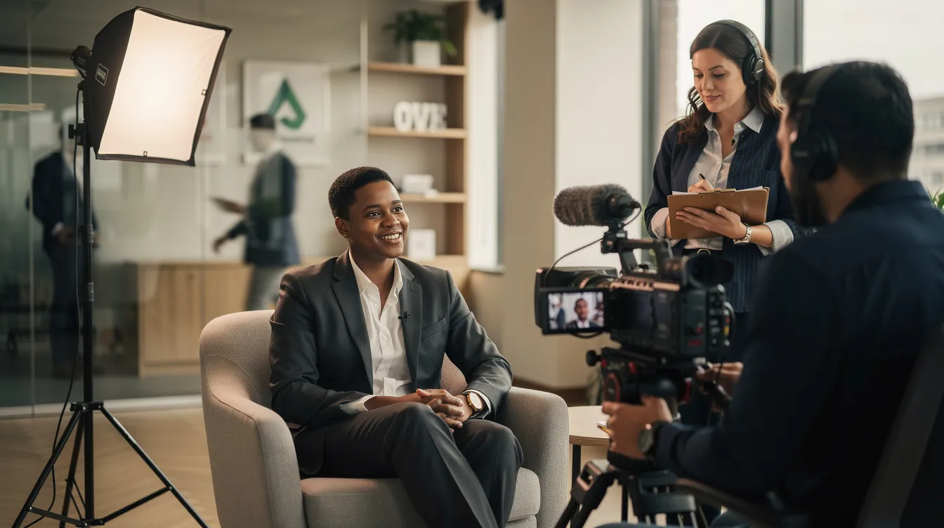 The image depicts a professional setting where a satisfied customer is being interviewed for a B2B customer testimonial video, showcasing their positive feedback about the company's products. This video serves as a powerful tool for prospective customers, highlighting success stories and building credibility through real customer experiences.