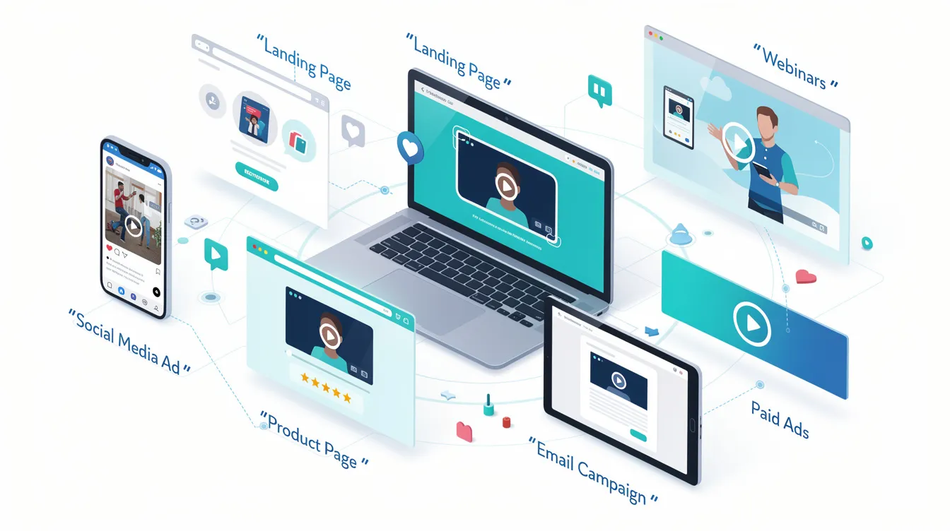 The image depicts various effective platforms for showcasing customer testimonial videos, including social media posts, landing pages, and promotional materials, highlighting how satisfied customers share their positive feedback to influence prospective buyers and enhance the credibility of a company's products or services. This visual representation emphasizes the importance of customer stories and social proof in driving conversions and attracting new customers.