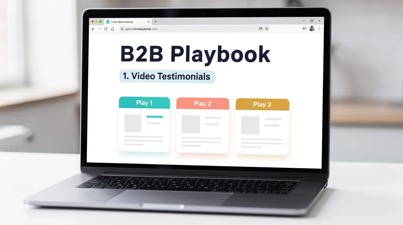An open laptop displays a colorful web browser with the header "B2B Playbook," highlighting "Video Testimonials" as the first point. Below, three labeled boxes named "Play 1," "Play 2," and "Play 3" suggest strategies for leveraging video testimonials to enhance brand credibility and drive sales through effective marketing efforts.