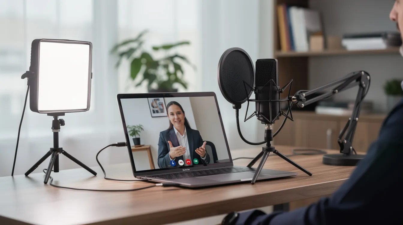 The image depicts a professional remote video recording setup in an office, featuring a laptop, a high-quality microphone, and lighting equipment. On the screen, a person is guiding the viewer through the process of creating effective video testimonials, emphasizing the importance of customer feedback in enhancing brand credibility and marketing strategies.