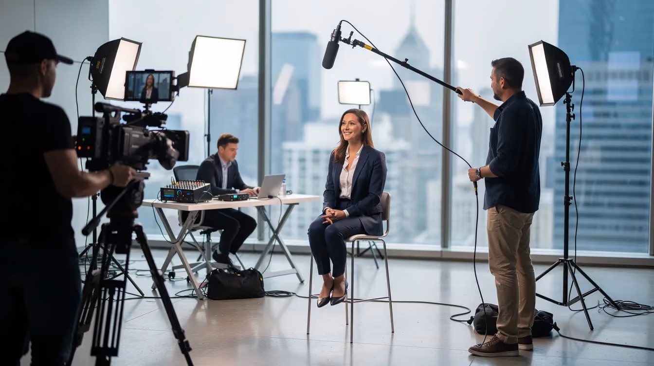 A live video production crew is filming a B2B testimonial featuring satisfied customers sharing their positive experiences with a product or service. The scene captures the production team's focus on creating engaging video content that highlights customer success stories, aiming to boost engagement and build brand trust among prospective customers.