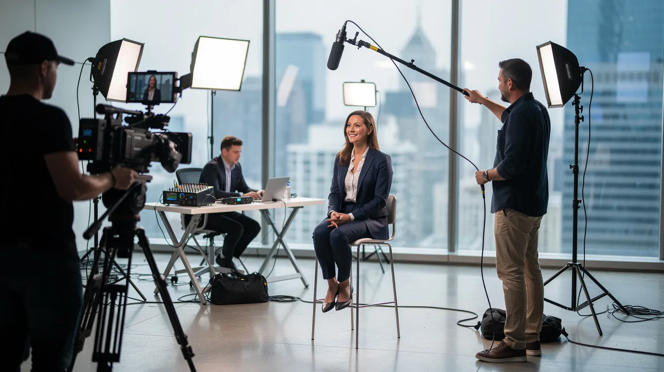 A live video production crew is filming a B2B testimonial featuring satisfied customers sharing their positive experiences with a product or service. The scene captures the production team's focus on creating engaging video content that highlights customer success stories, aiming to boost engagement and build brand trust among prospective customers.