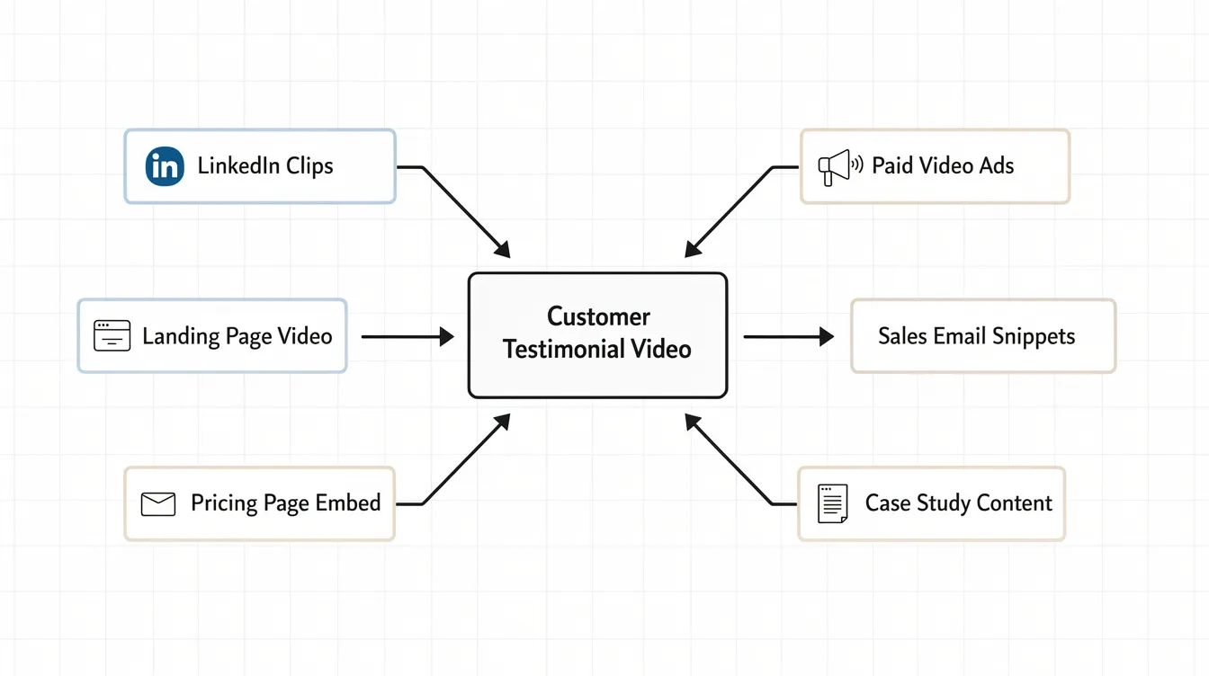 The image depicts a marketing content ecosystem diagram illustrating how a single SaaS testimonial video can branch into various outputs, including LinkedIn clips, paid ads, and landing page videos. This clean, modern diagram features labeled arrows connecting each output, showcasing the versatility of customer testimonial videos in enhancing marketing strategies and engaging potential customers.