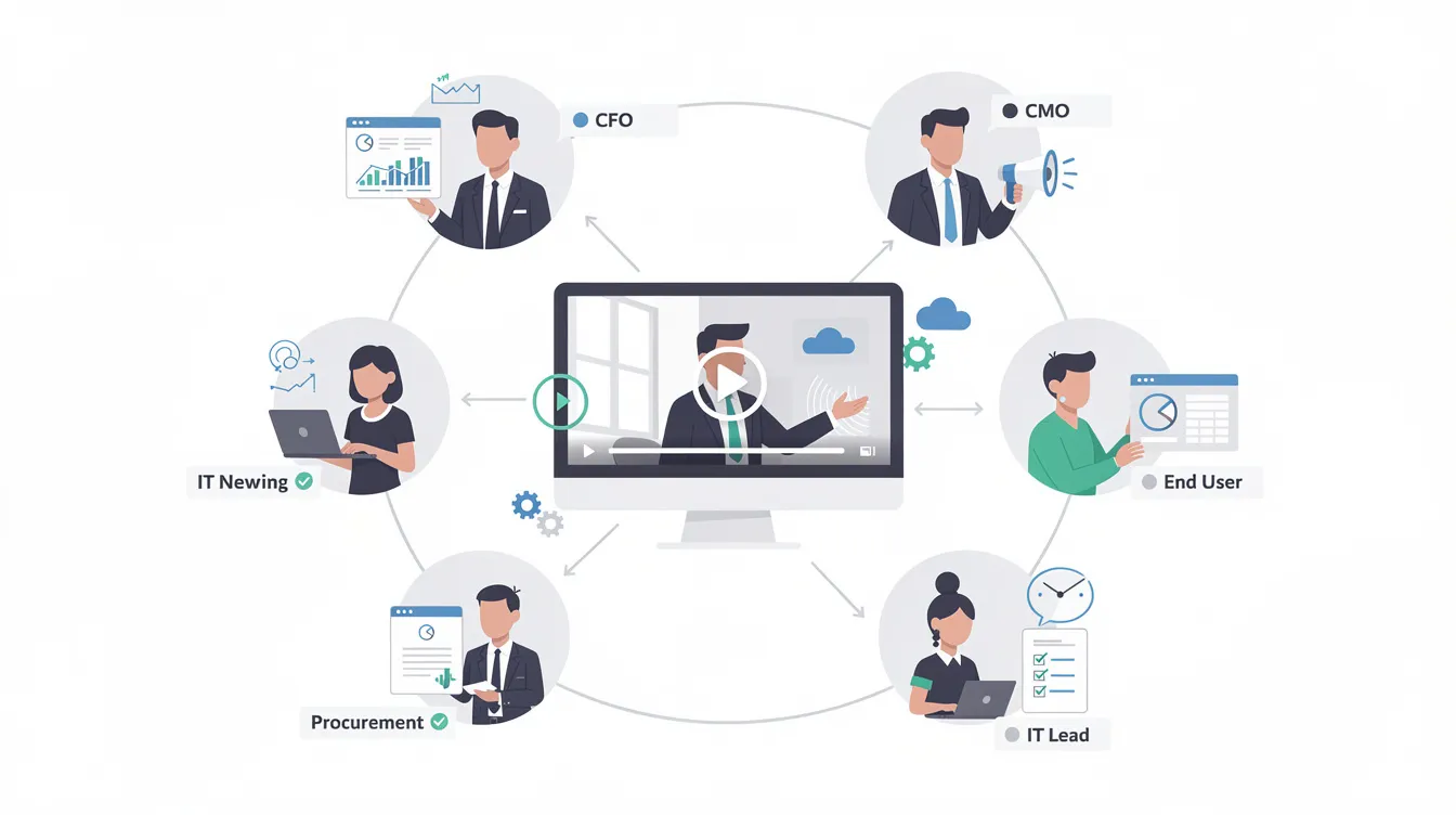 The illustration depicts a modern B2B SaaS buying committee with six to ten stakeholders, including a CFO, CMO, IT lead, end user, and procurement officer, all connected to a central screen displaying engaging testimonial videos. The clean and polished design features minimal colors and business icons, emphasizing the influence of authentic customer testimonials on their decision-making process.