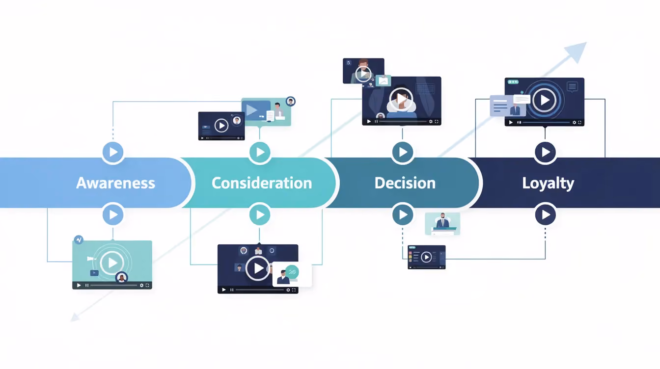 The image illustrates the buyer's journey, featuring a visual map with strategically placed video and play icons, highlighting the importance of video marketing in engaging potential customers throughout their decision-making process. This representation emphasizes various video formats, such as explainer videos and product demos, as essential components of a successful B2B video marketing strategy.