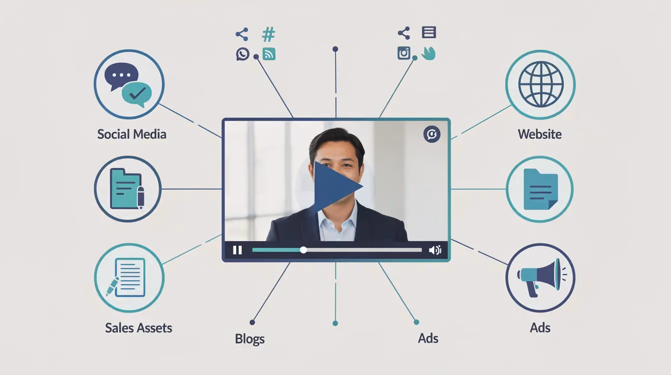 The image features a graphic of a video with a headshot and a prominent play button in the center, surrounded by spokes leading to various icons that represent social media platforms, a website, sales assets, blogs, and ads. This visual illustrates the interconnectedness of video marketing strategies, showcasing how video content can enhance engagement and lead generation across different channels.