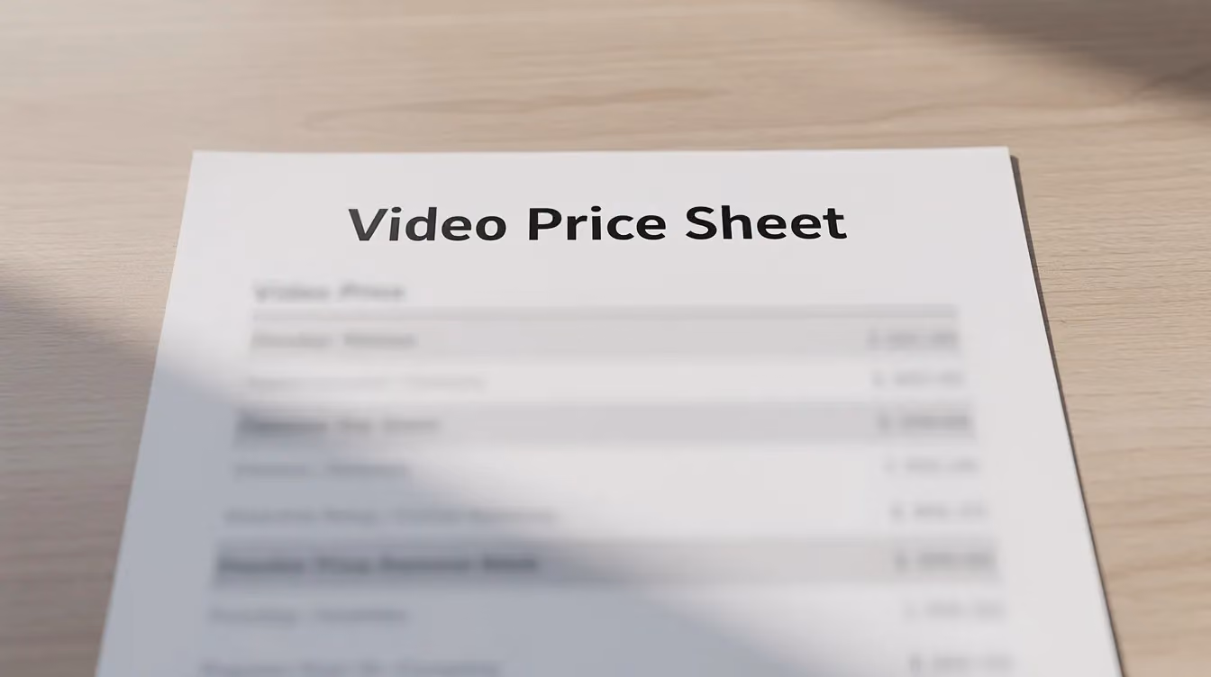 The image shows a blurred video price sheet resting on a desk, with only the title clearly visible. This sheet likely outlines various costs associated with video testimonials and production services, hinting at the pricing structure for high-quality testimonial video production.