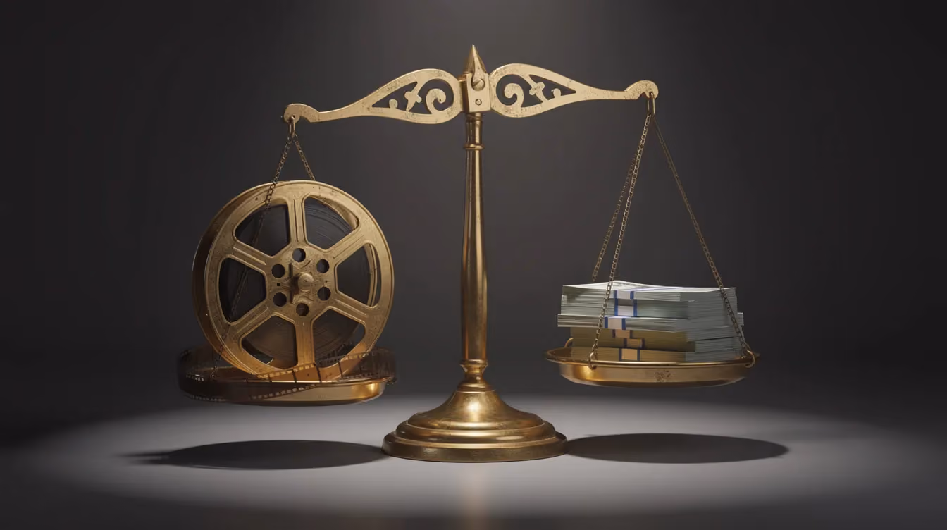 The image features a balance scale with a film reel on one side, symbolizing video testimonials, and a pile of money on the other, representing costs associated with video production. This visual metaphor highlights the trade-off between investing in high-quality testimonial videos and managing marketing budgets.