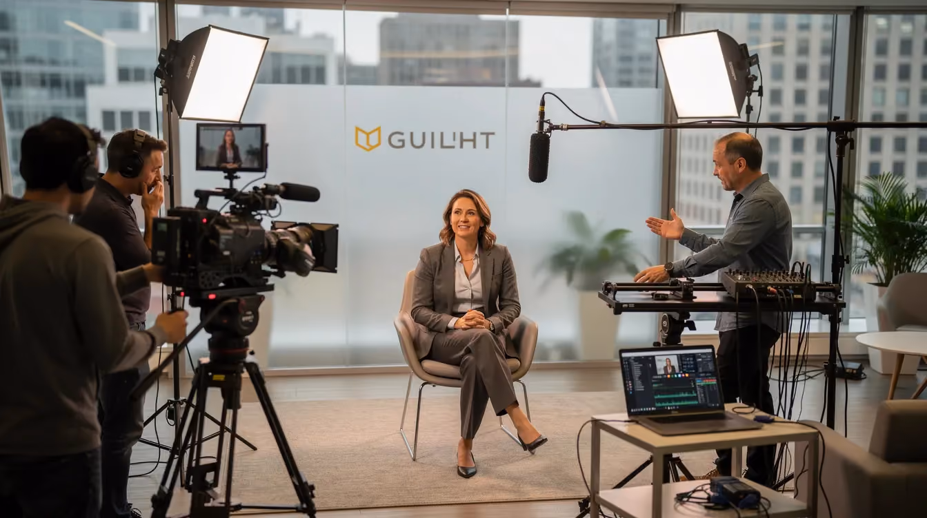 The image depicts a professional video production setup for filming a live business testimonial video, showcasing satisfied customers sharing their positive experiences. The scene includes cameras, lighting equipment, and a backdrop designed to enhance the production quality of customer testimonial videos.