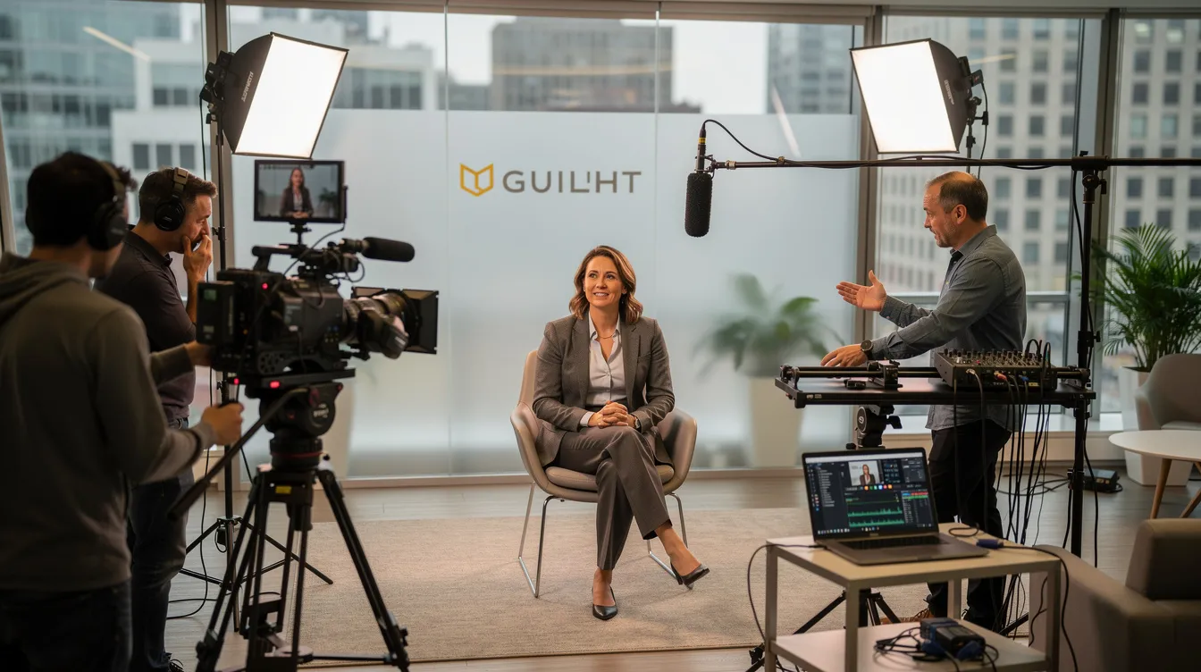 The image depicts a professional video production setup for filming a live business testimonial video, showcasing satisfied customers sharing their positive experiences. The scene includes cameras, lighting equipment, and a backdrop designed to enhance the production quality of customer testimonial videos.