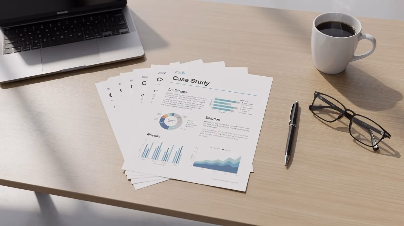 The image shows a B2B case study laid out on a desk, highlighting a detailed analysis of a specific situation faced by a client. The document includes practical applications, expected outcomes, and insights into the processes involved, emphasizing the importance of case studies in understanding business challenges and management strategies.