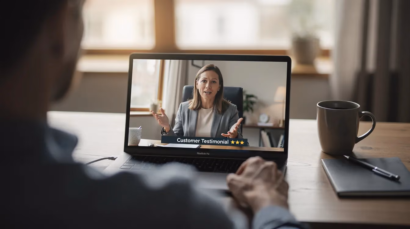 A person is sitting in front of a laptop, attentively watching a video testimonial where a satisfied customer shares their positive experiences with a product or service. This scene illustrates the impact of customer testimonials as a powerful tool for building trust among potential customers.