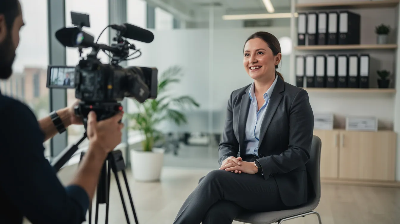 The image depicts an interviewer engaging with a satisfied customer during the filming of a professional testimonial video. The customer shares their authentic story, highlighting their positive experiences and the tangible benefits of the product or service, which aims to build trust and convince potential customers.