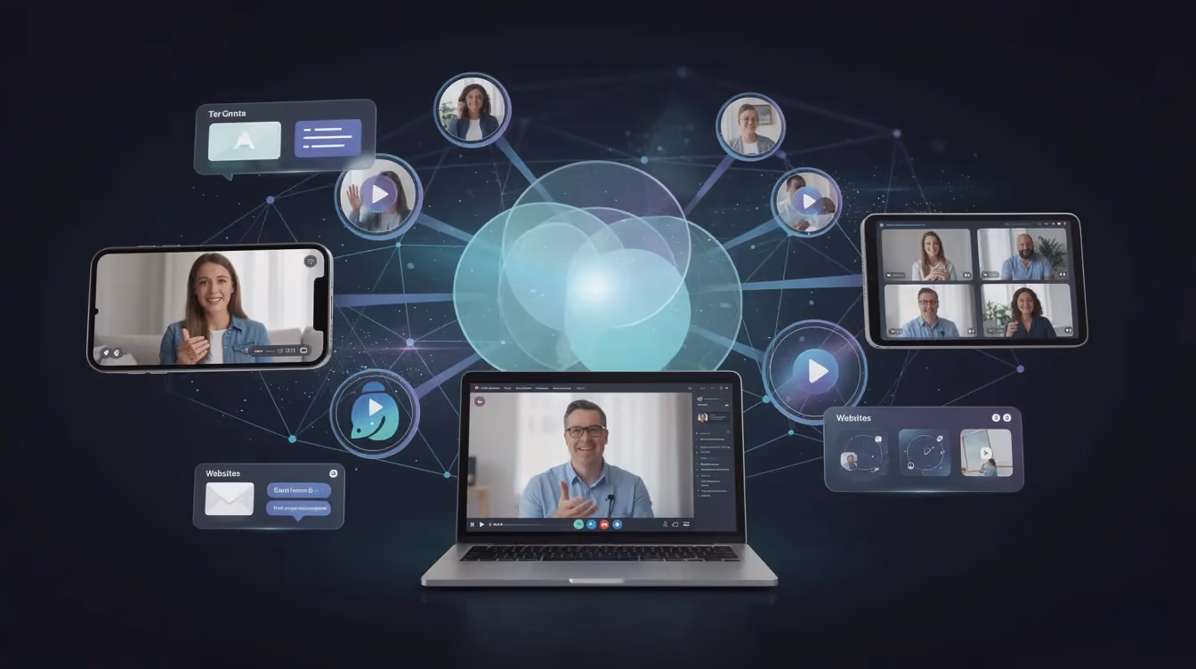 The image depicts a vibrant marketing web showcasing various digital channels used for sharing video testimonials, such as social media and websites, emphasizing the importance of authentic customer stories in building trust and attracting new customers. It visually illustrates how satisfied customers share their experiences to convince potential customers through compelling narratives and genuine reactions.