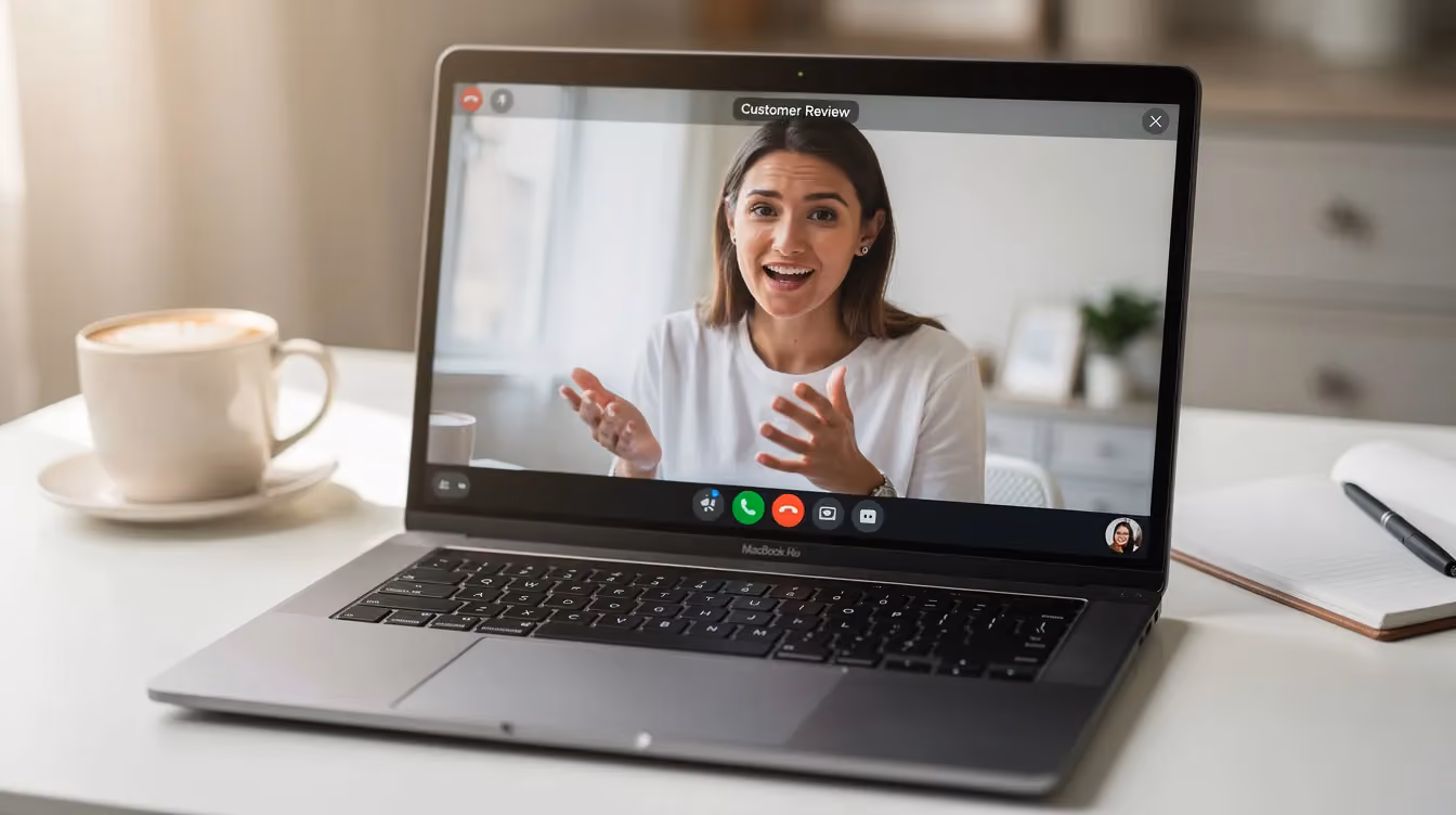 The image shows a satisfied customer on a computer screen providing a video testimonial, sharing their positive feedback about a product or service. This customer review serves as social proof, encouraging prospective customers to trust the brand and consider making a purchase.