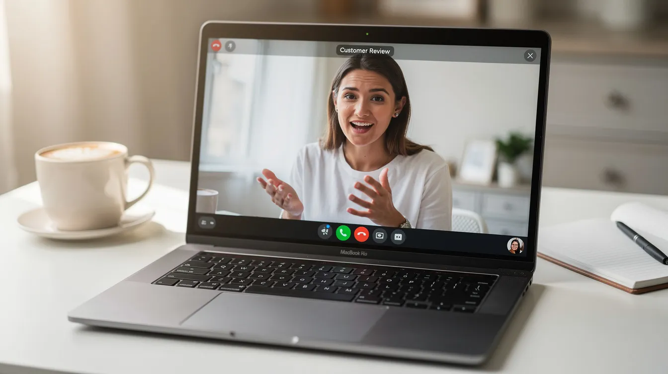 The image shows a satisfied customer on a computer screen providing a video testimonial, sharing their positive feedback about a product or service. This customer review serves as social proof, encouraging prospective customers to trust the brand and consider making a purchase.