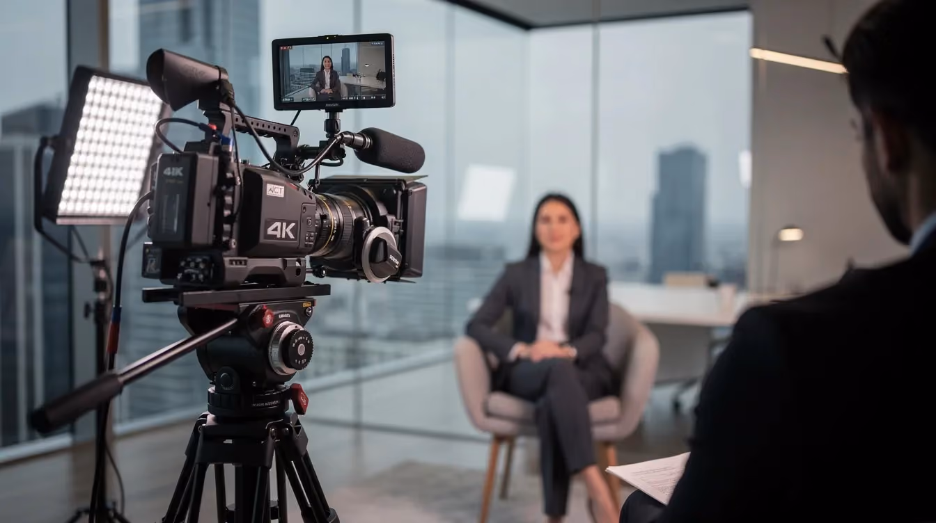 B2B video testimonial being filmed in office