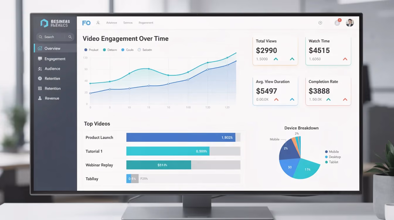 The image features a business analytics dashboard displaying video engagement metrics, highlighting viewer engagement statistics for video testimonials. Key metrics include average video length, viewer retention rates, and specific details on how shorter videos can capture attention quickly, driving sales and building trust with potential customers.