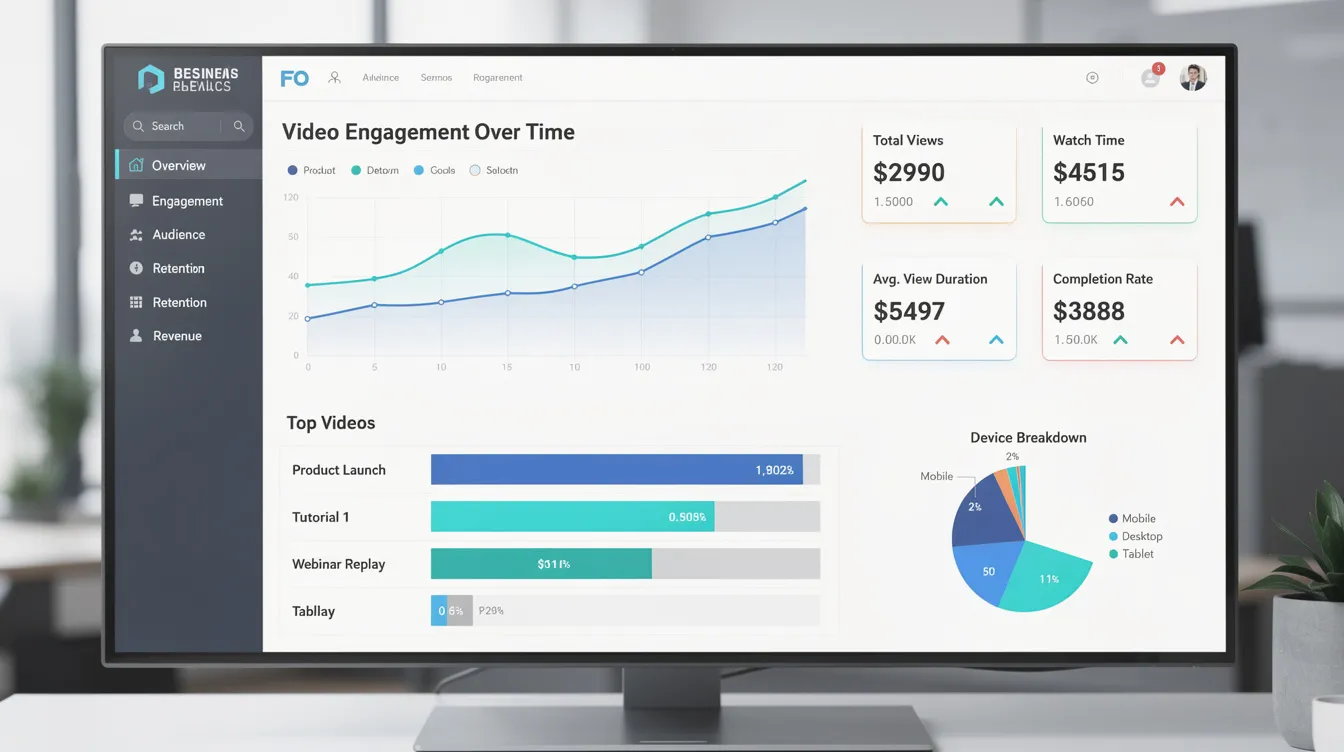 The image features a business analytics dashboard displaying video engagement metrics, highlighting viewer engagement statistics for video testimonials. Key metrics include average video length, viewer retention rates, and specific details on how shorter videos can capture attention quickly, driving sales and building trust with potential customers.