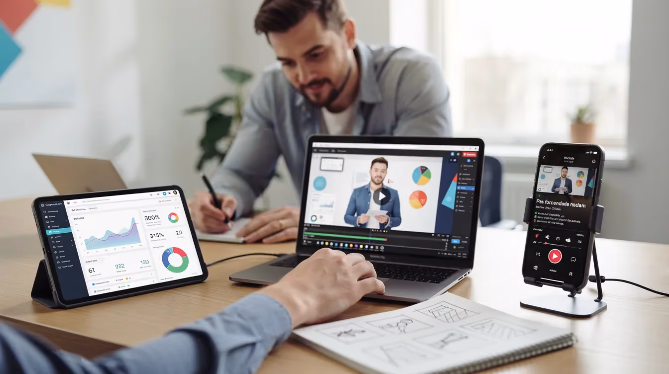 A marketing professional is intently reviewing video content on both a laptop and a smartphone, analyzing video testimonials to enhance viewer engagement and drive sales. The scene highlights the importance of optimizing video length and storytelling to capture potential customers' attention across multiple devices.