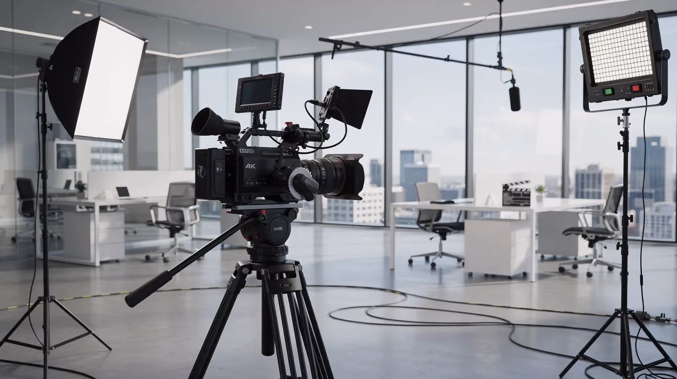 The image shows a professional video production setup in a modern office, featuring high-quality camera equipment and bright lighting designed for creating engaging video content. This environment is ideal for producing customer testimonials and social videos that can be repurposed across various platforms to enhance audience engagement and brand storytelling.
