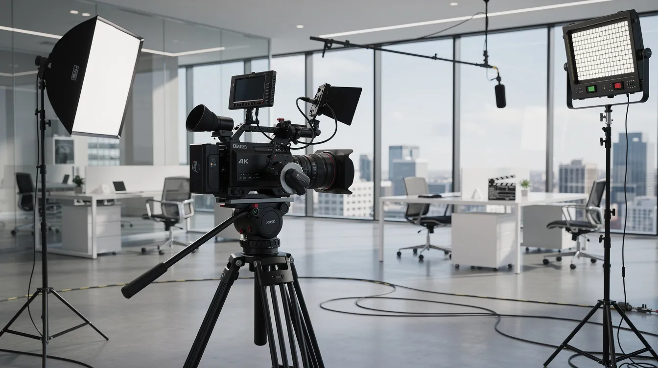 The image shows a professional video production setup in a modern office, featuring high-quality camera equipment and bright lighting designed for creating engaging video content. This environment is ideal for producing customer testimonials and social videos that can be repurposed across various platforms to enhance audience engagement and brand storytelling.