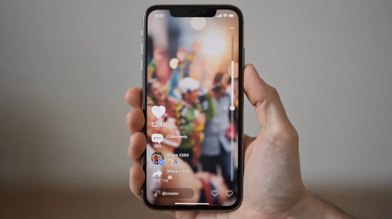 A smartphone screen displays vertical video content featuring engagement metrics, showcasing ways to repurpose existing video content for social media platforms. The interface highlights customer testimonials and audience engagement statistics, emphasizing the power of video as a marketing tool.