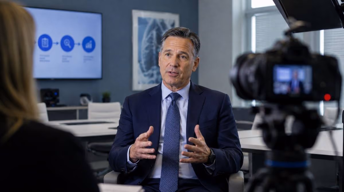 B2B healthcare testimonial video - clinical leader speaking to business outcomes on camera
