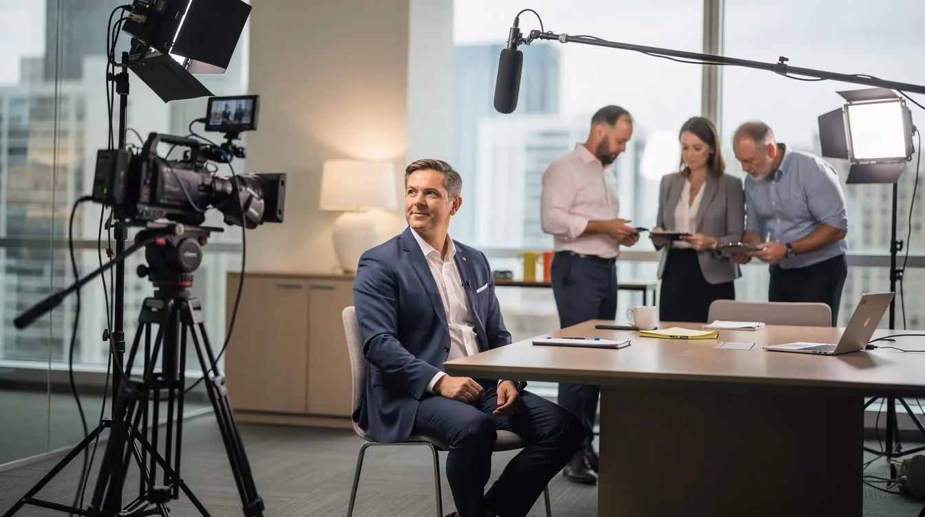 The image depicts a B2B testimonial video being filmed on-site in a modern office, featuring a professional camera setup and lighting. A customer or executive is being interviewed while a small production crew adjusts equipment in the background, creating a credible and organized atmosphere that highlights the entire production process.