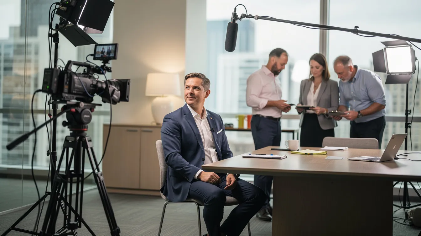 The image depicts a B2B testimonial video being filmed on-site in a modern office, featuring a professional camera setup and lighting. A customer or executive is being interviewed while a small production crew adjusts equipment in the background, creating a credible and organized atmosphere that highlights the entire production process.