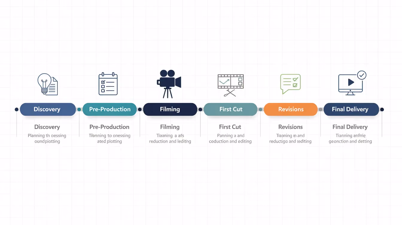The image depicts a clean horizontal timeline infographic illustrating the testimonial video production process, featuring six phases: discovery, pre-production, filming, first cut, revisions, and final delivery. Each phase is represented with subtle icons, conveying a professional and modern design suitable for B2B contexts, highlighting the entire production process from planning to the final video delivery.