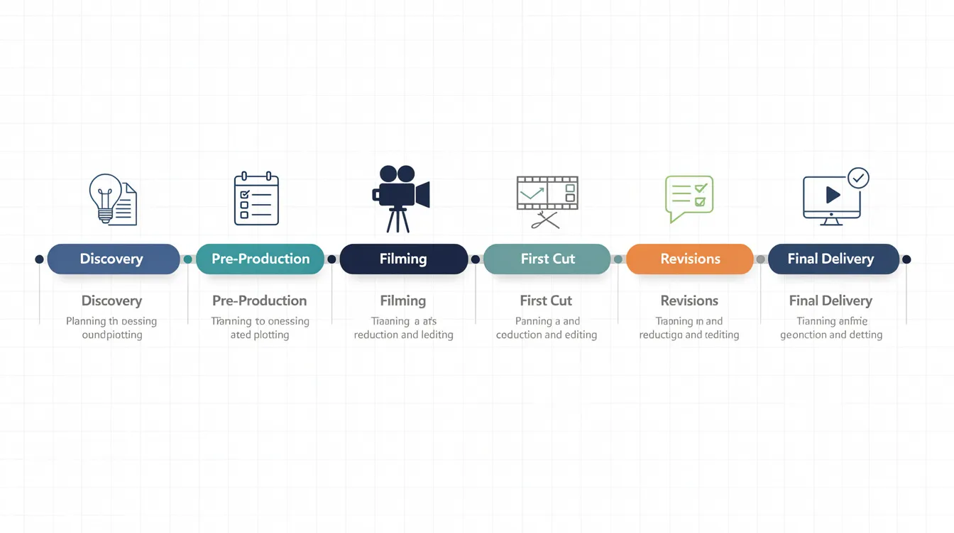 The image depicts a clean horizontal timeline infographic illustrating the testimonial video production process, featuring six phases: discovery, pre-production, filming, first cut, revisions, and final delivery. Each phase is represented with subtle icons, conveying a professional and modern design suitable for B2B contexts, highlighting the entire production process from planning to the final video delivery.
