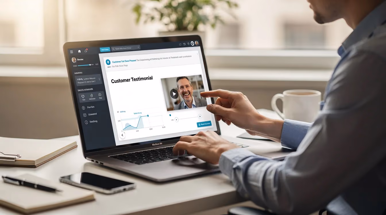 A sales representative is seen integrating a customer testimonial clip into a digital proposal, showcasing the importance of video testimonials in illustrating real customer experiences and success stories. This engaging video highlights the emotional connection and measurable outcomes that can resonate with prospective clients in the sales process.