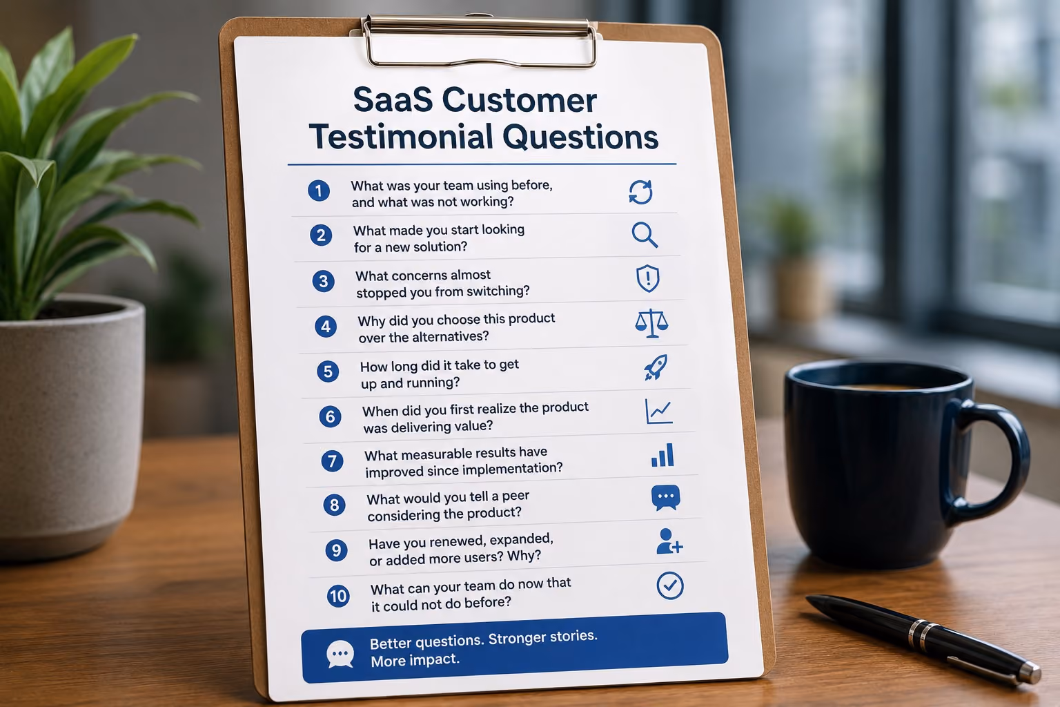 Checklist of SaaS Customer Testimonial Questions on Clipboard