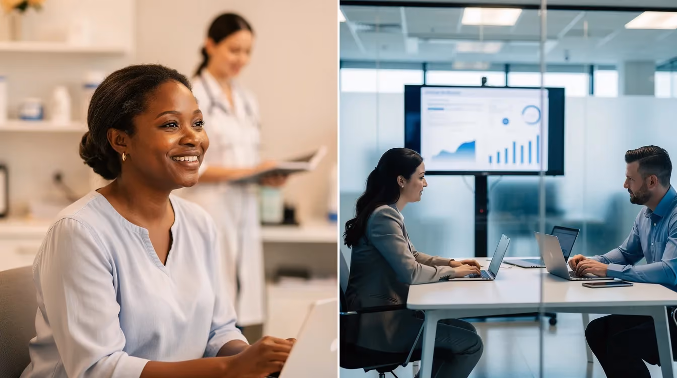 The image is divided into two sections: the left side showcases a patient sharing their positive healthcare experience, while the right side illustrates a B2B health tech scenario, focusing on digital transformation and marketing strategies. Both sides emphasize the importance of connecting with audiences to drive growth and build trust in healthcare practices.