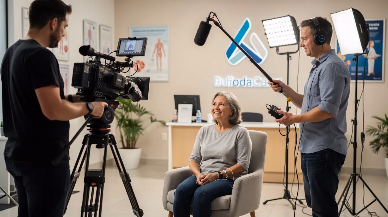The image depicts a professional film crew capturing a healthcare patient testimonial, highlighting the importance of quality content in healthcare marketing strategies. The setup includes cameras and lighting equipment, emphasizing the role of digital transformation in driving growth for medical practices.