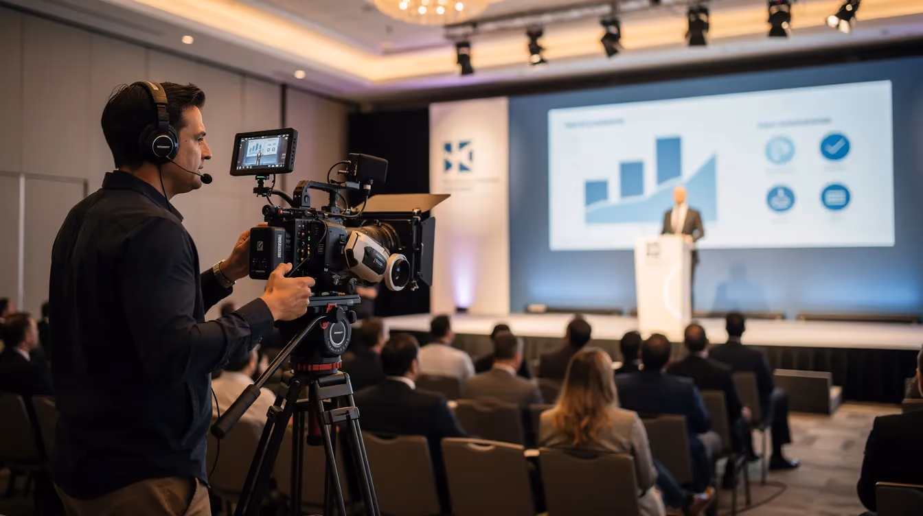 A camera operator is positioned with professional filming equipment, capturing a speaker on stage during a corporate event. This scene highlights the importance of skilled videographers in event video production, ensuring high-quality coverage of significant moments for future event highlights.
