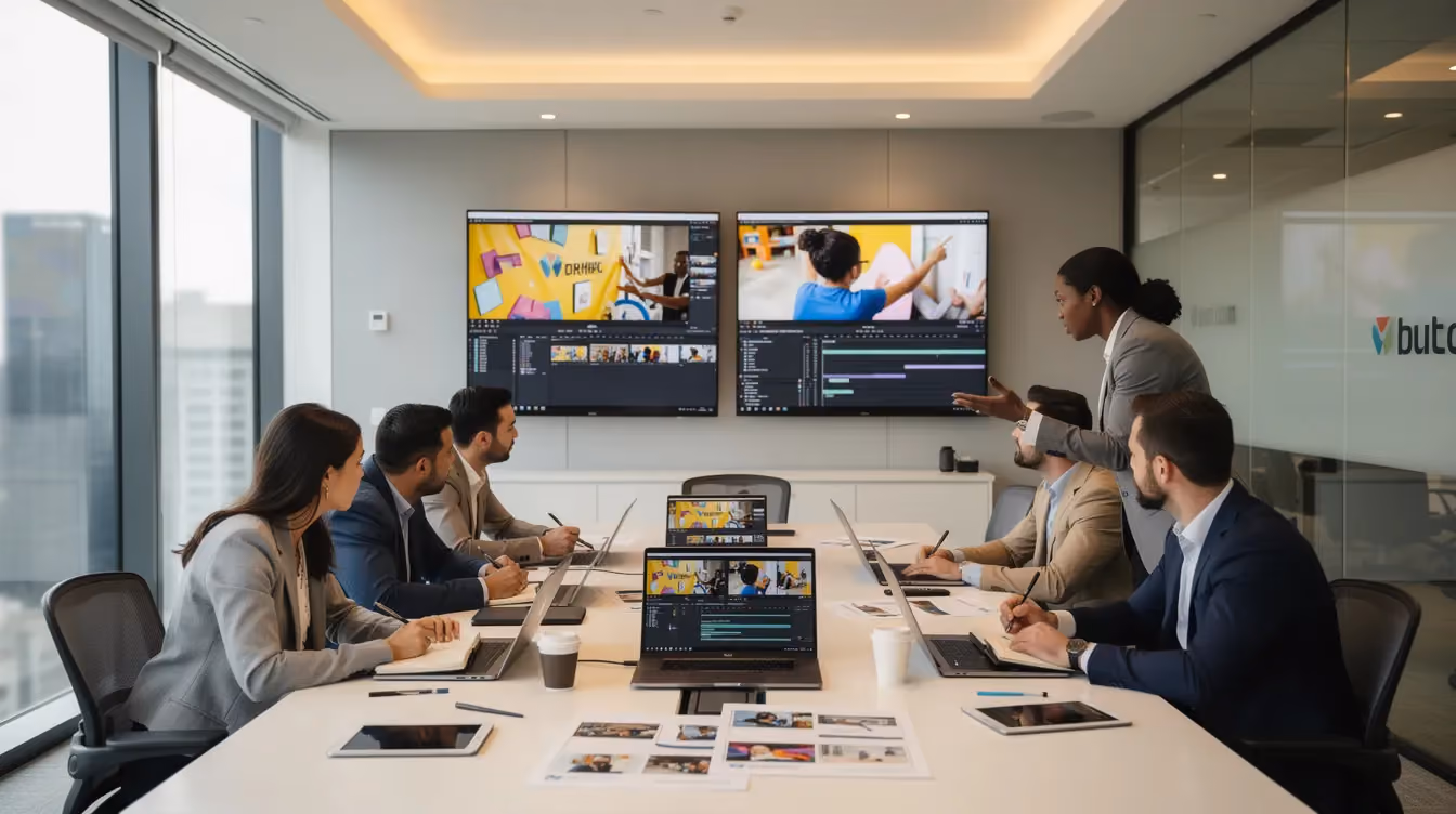 A marketing team is gathered in a modern office, intently reviewing video clips on multiple monitors, showcasing their collaborative efforts in event video production. The scene highlights the importance of teamwork and technology in creating impactful event videos for future corporate events.