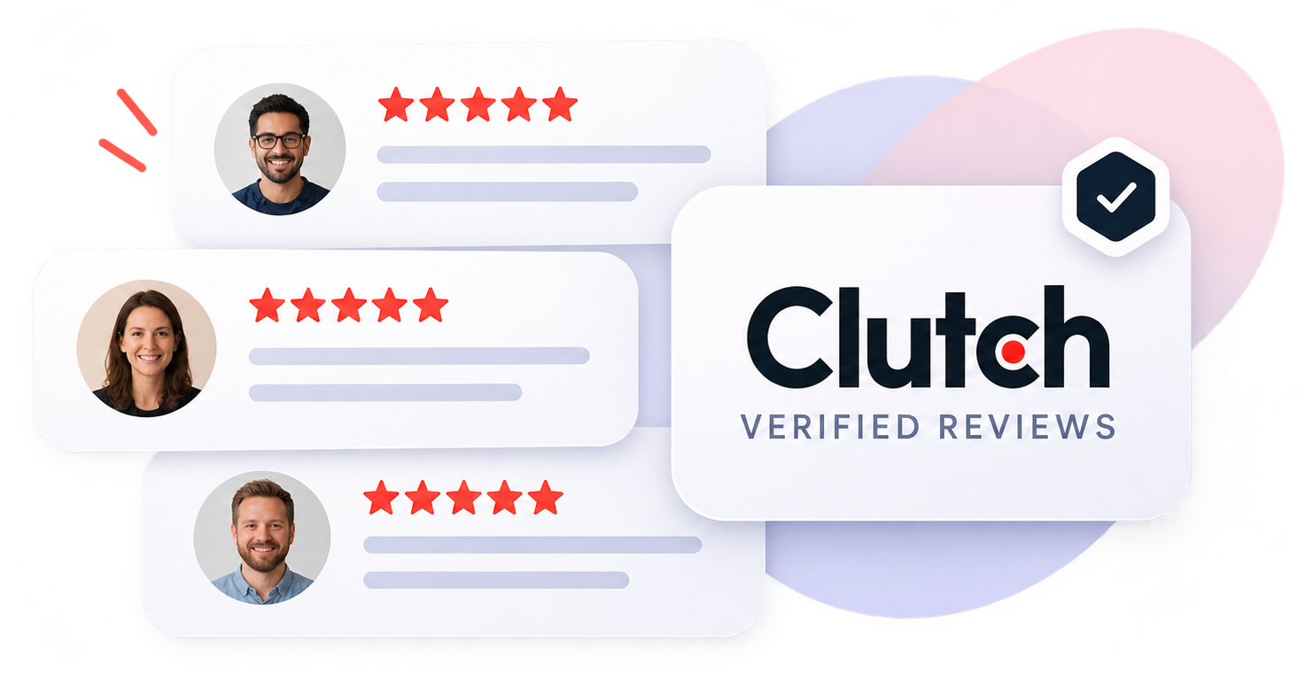 Clutch verified reviews illustration with client cards and five-star ratings