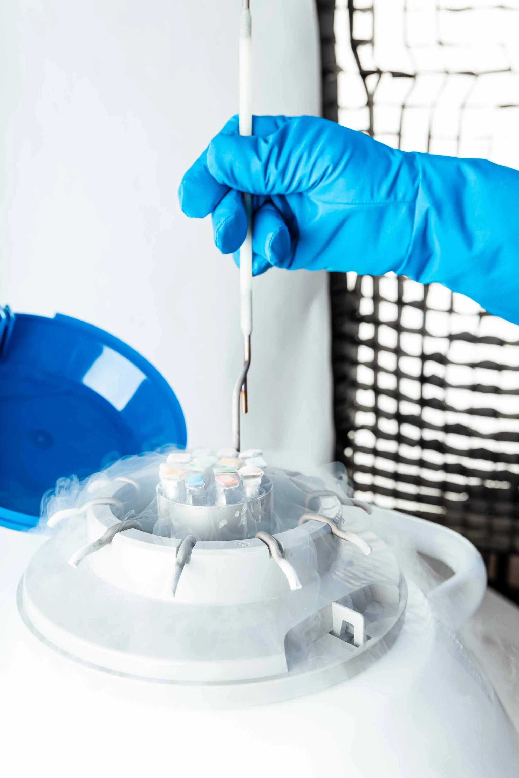 Frozen biological material being pulled out of cryotank. 